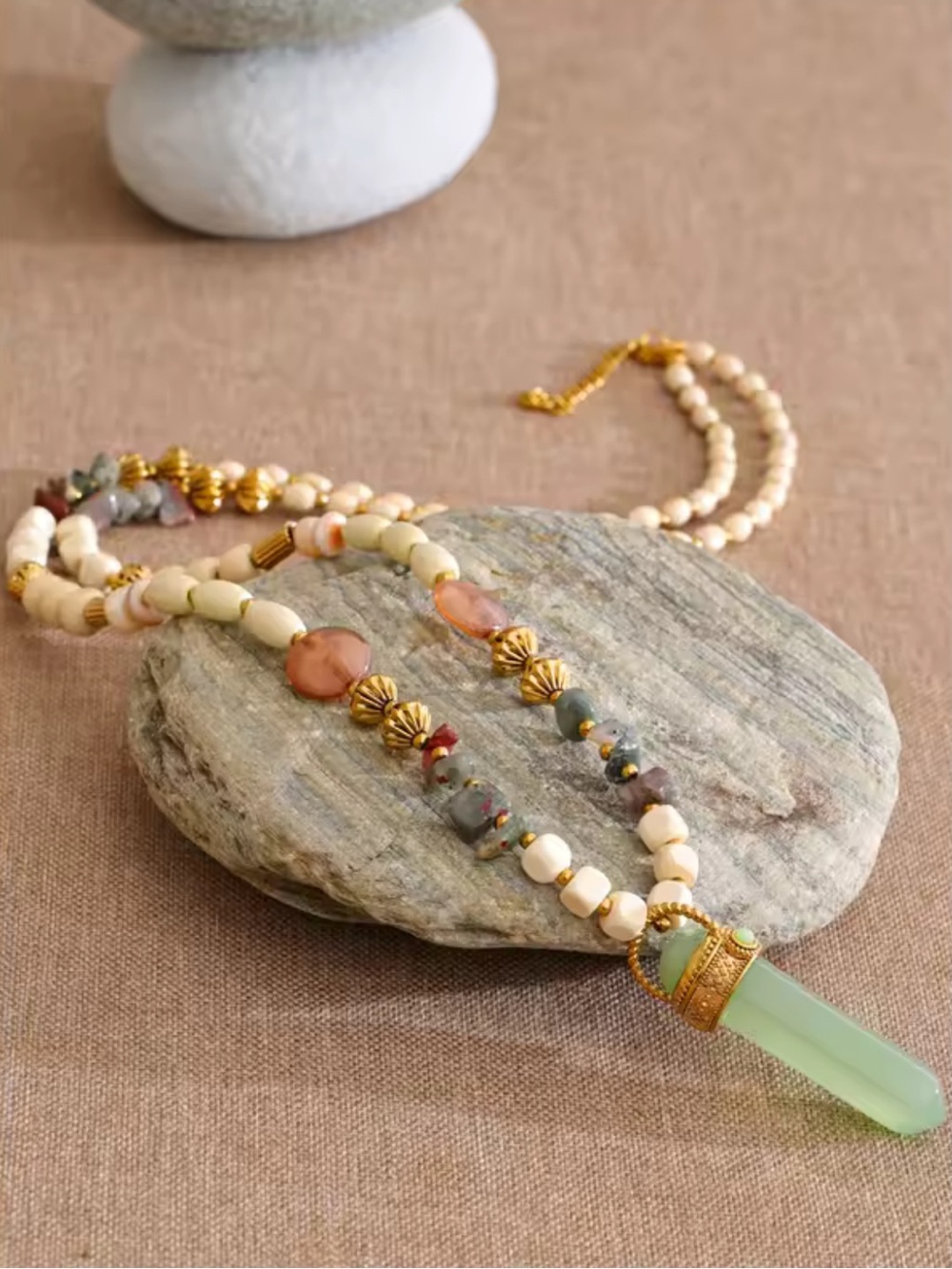 Green Jade Beaded Artisan Long Necklace - Picture 6 of 15